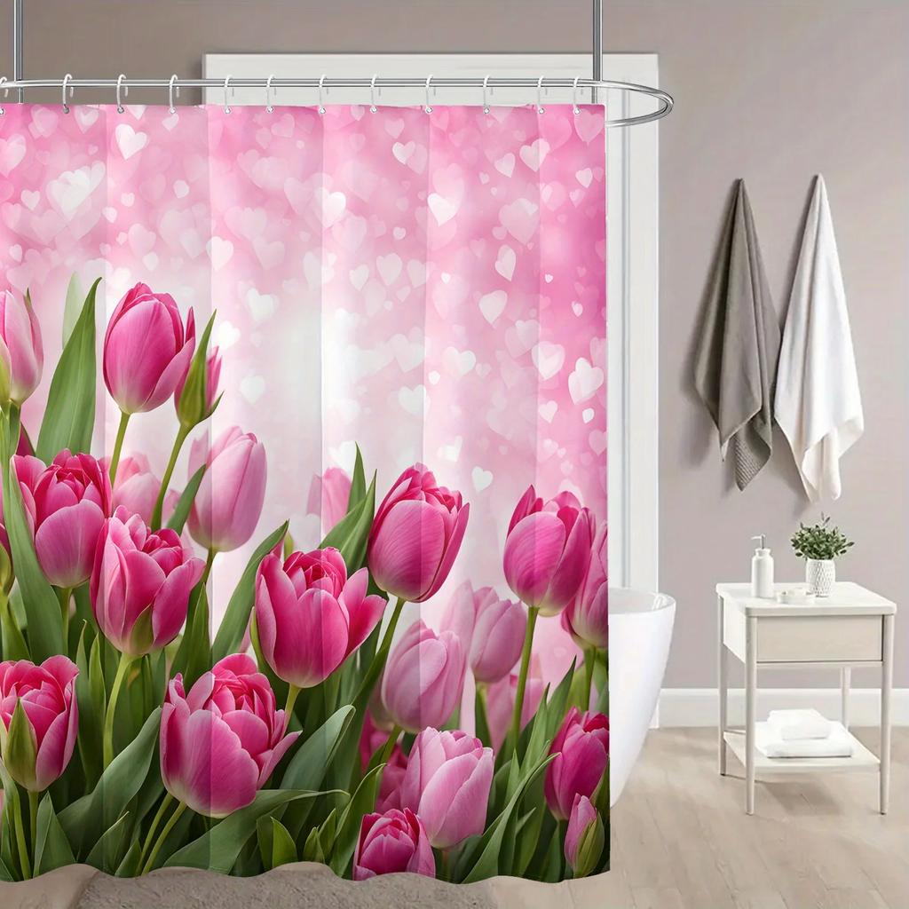 Dreamy Love Tulip Shower Curtain - Water-Resistant Polyester, Machine Washable, Artsy Bath Decor for Valentine's Day, All-Season
