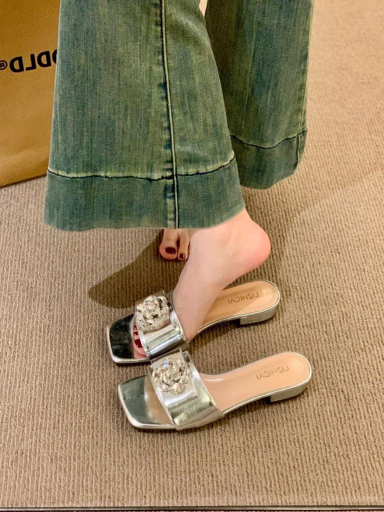 Spring and summer 2025 new one-word slippers women's French low-heeled square head thick-heeled rhinestone buckle temperament Muller shoes