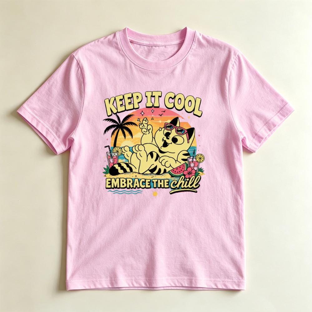 Retro Summer Cat Tee Keep It Cool Embrace The Chill Beach Vibes Vacation Cat Lover Graphic TShirt Unisex Crewneck Cotton Shirt