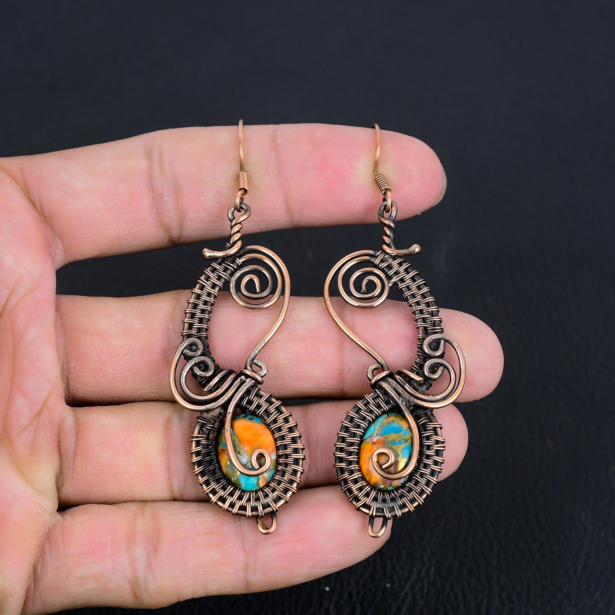 

Orange Spiny Oyster Earrings, 999 Copper Wire Wrapped Earrings, Handmade Gemstone Jewelry Earrings For Memorial Day 3.07 Inches