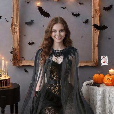 Damen Schwarz Feder Schulterjacke Cape Schulterwickel Gothic Gefiedertes Epauletten-Cape Spitzenkragen mit Tüllschleier Halloween Kostüm Accessoire