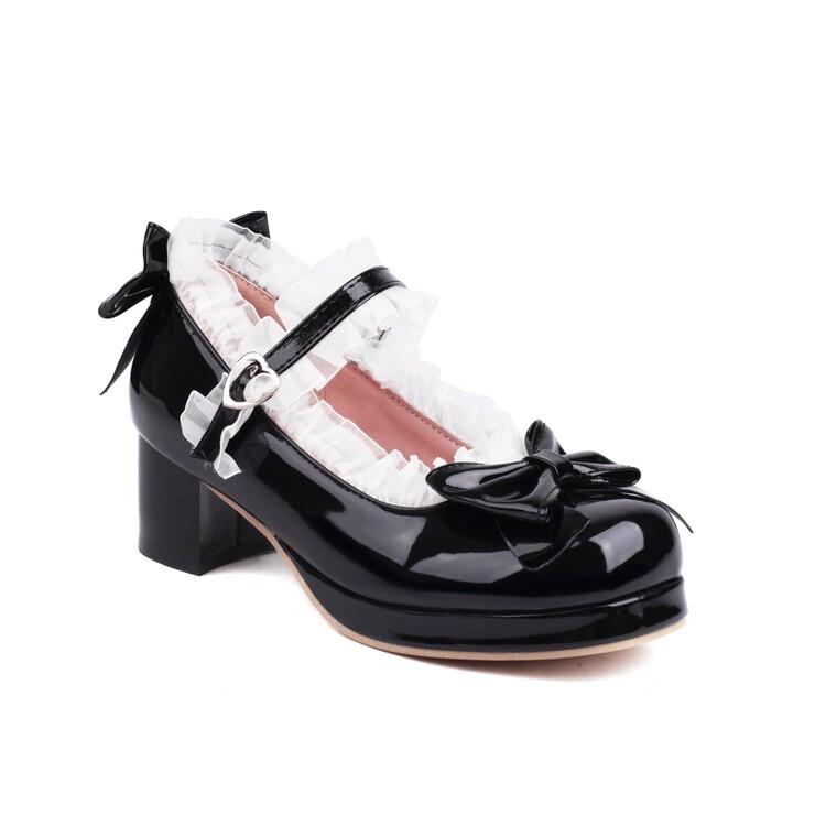 Large Size New Lolita Shallow Single Shoes Ruffle Edge Bow Bright Leather Medium Heel Women's Shoes Large
