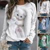 Sudadera básica informal con estampado de gato blanco, cuello redondo, cómoda y elegante a prueba de viento