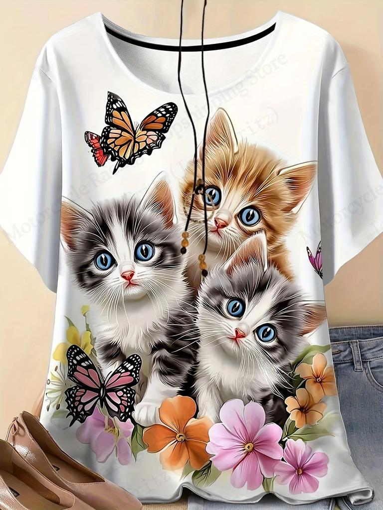 Women's Plus Size 3d Cute Cat 3d Print Tshirt Women Fashion Casual Crew Neck Short Sleeve T Shirt Female Tops Tees Cartoon