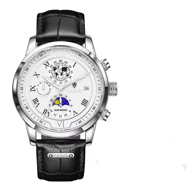 LIGE Blue Watch Fashion Business Mens Watches Casual Sport Leather Waterproof Chronograph Quartz Watch for Men Auto Date Clock