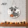 Halloween Party Supplies Dachshund Hanging Sign, Spooky Skeleton Dog Trick or Treat Wooden Lover Gift with Pumpkin Bat Pattern, Holiday Welcome