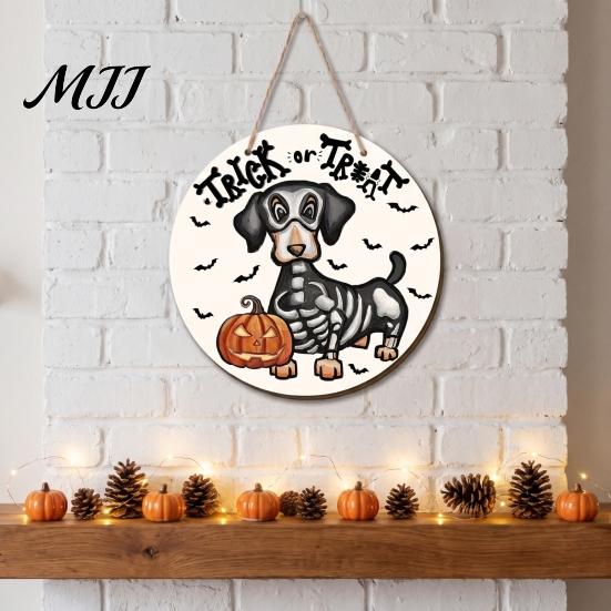 Halloween Party Supplies Dachshund Hanging Sign, Spooky Skeleton Dog Trick or Treat Wooden Lover Gift with Pumpkin Bat Pattern, Holiday Welcome
