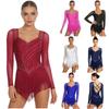 Womens Latin Dance Rhinestone Bodysuit Mesh Long Sleeve Strappy Back Tiered Tassel Hem Leotard
