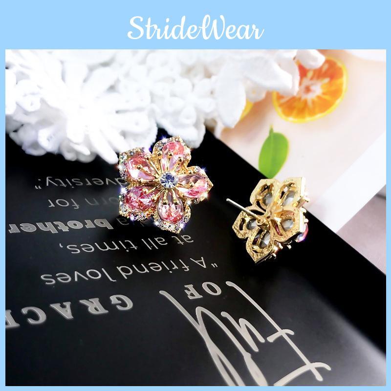 Pink Flower Zircon Ear Pins With Silver Needle For Casual And Formal Occasions