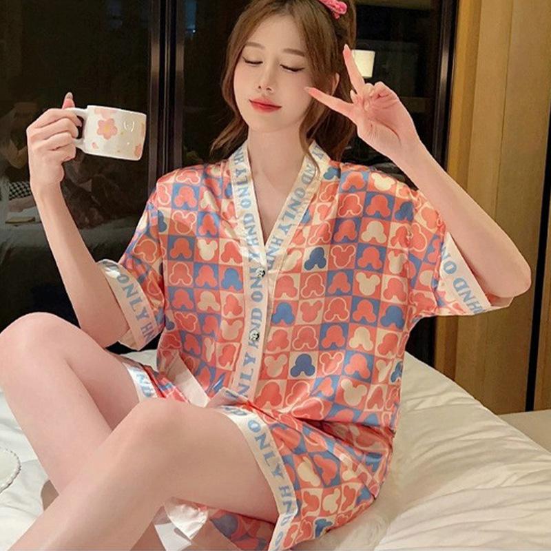Style High-Value Ice Silk Cardigan V-Neck Pajamas Women'S Summer Short-Sleeved Thin Cool Loungewear Set