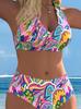 Women's High-Waisted Halter Bikini - European & American Print, Tummy Covering, Perfect for Beach & Hot Spring Vacations