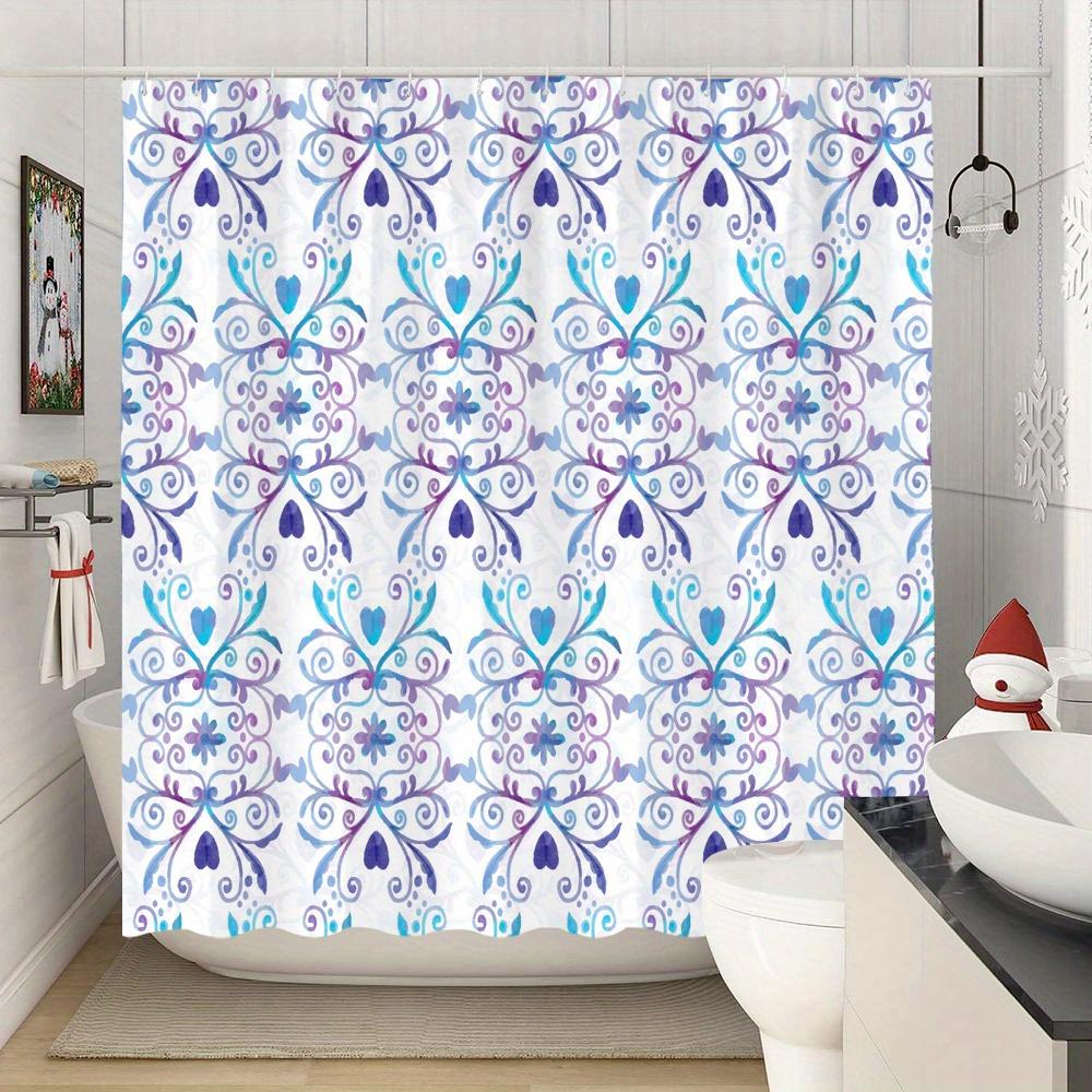 Purple & Blue Floral & Heart Shower Curtain - Elegant Lace Pattern, Symmetrical Design, Polyester with Hooks