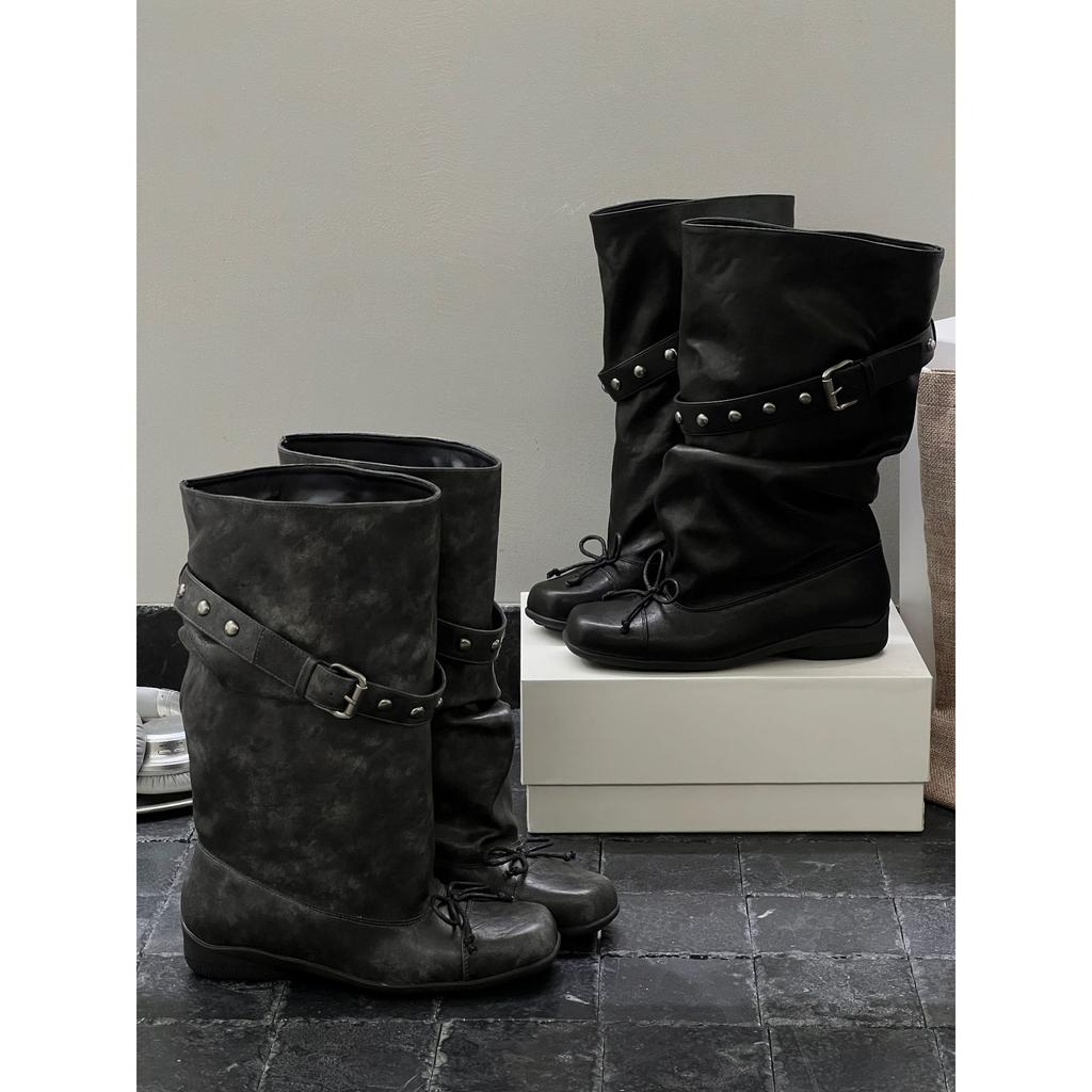 Retro Riveted Pants Boots Autumn New Fashion Bow Spice Girl Wasteland Wind Black Thick Heel Pile Boots