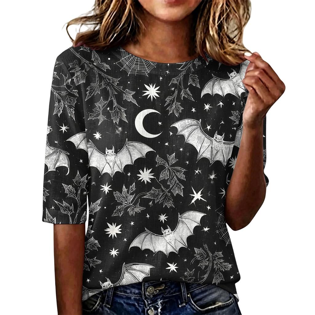 Loose Fit Womens Casual Short Sleeve Top Round Neck Lightweight Comfortable Pullover Shirt with Halloween Themed Print