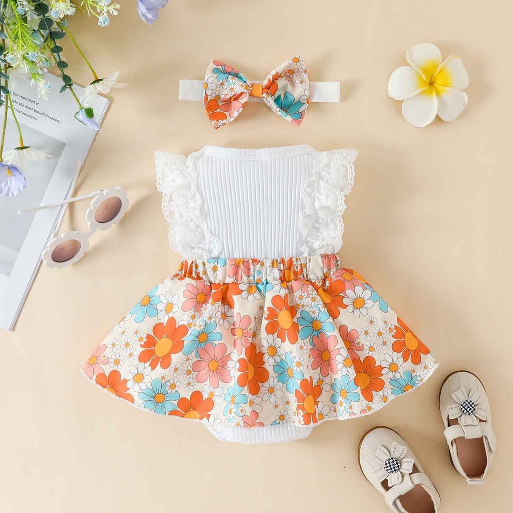 2-piece Summer Girls' Lace Dress Hairband Set Printed Jumpsuit, Baby Dress, Children's Set