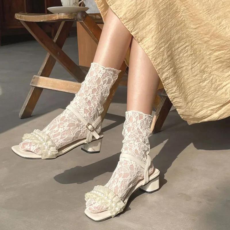 Women Kawaii Japanese Fashion Sock Retro Lace Floral Mesh Lolita Cute Socks Thin Middle Tube Girls Breathable Harajuku Socks