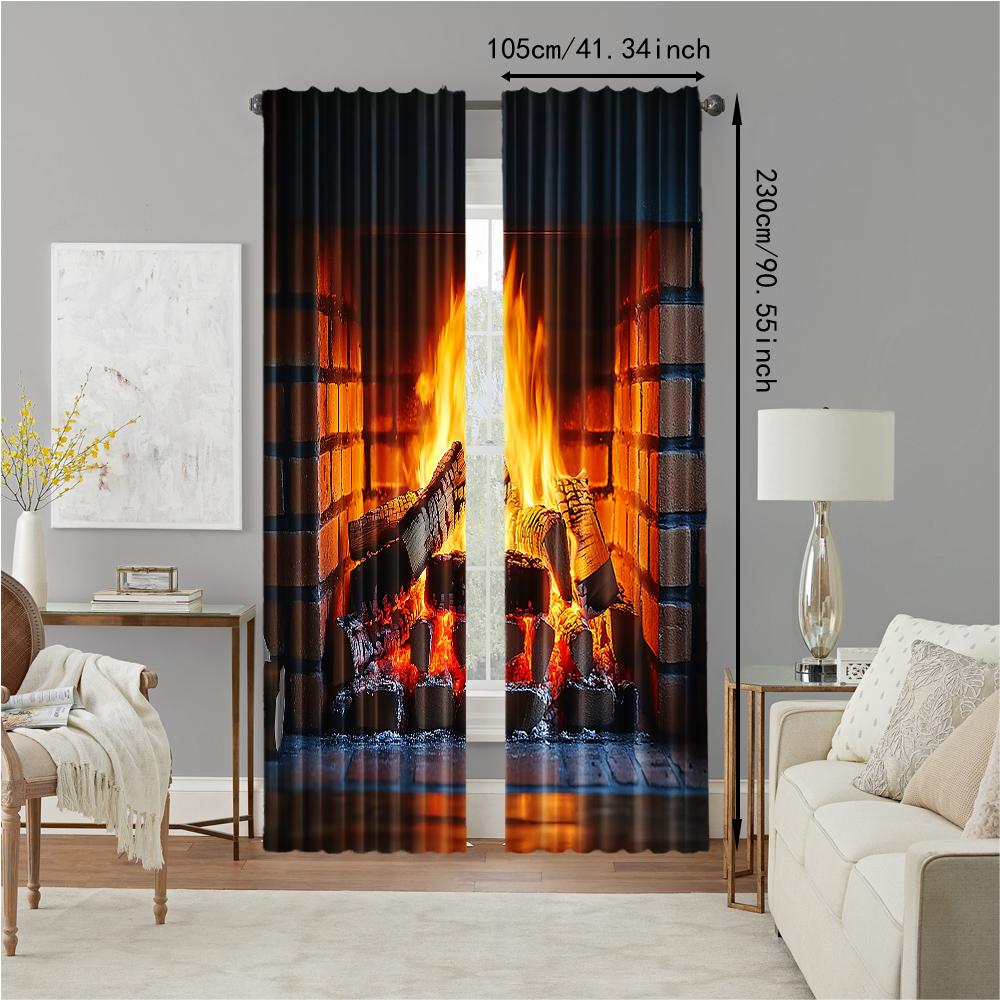 Set aus 2 vielseitigen transparenten Polyester-Vorhängen Heimdekoration Flammendes Kaminfeuer Camping-Szene Verwendung Schlafzimmer-Vorhang Perfekt für Schlafzimmer