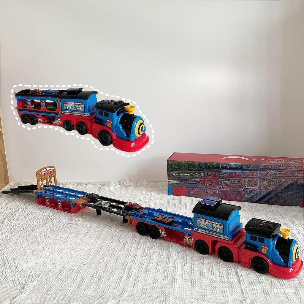 Transport Train Head Toy with 6 Race Cars, Foldable Track for Kids