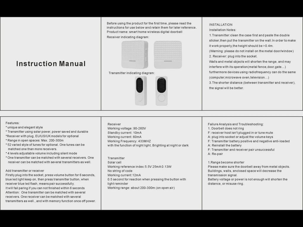 Wireless Smart Solar Music Doorbell for Homes, Hotels, and Villas - Long-Range.