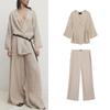 Spring New V-neck Linen Blend Split Blazers 6078572 Elegant Wide-Leg Pants 5056572