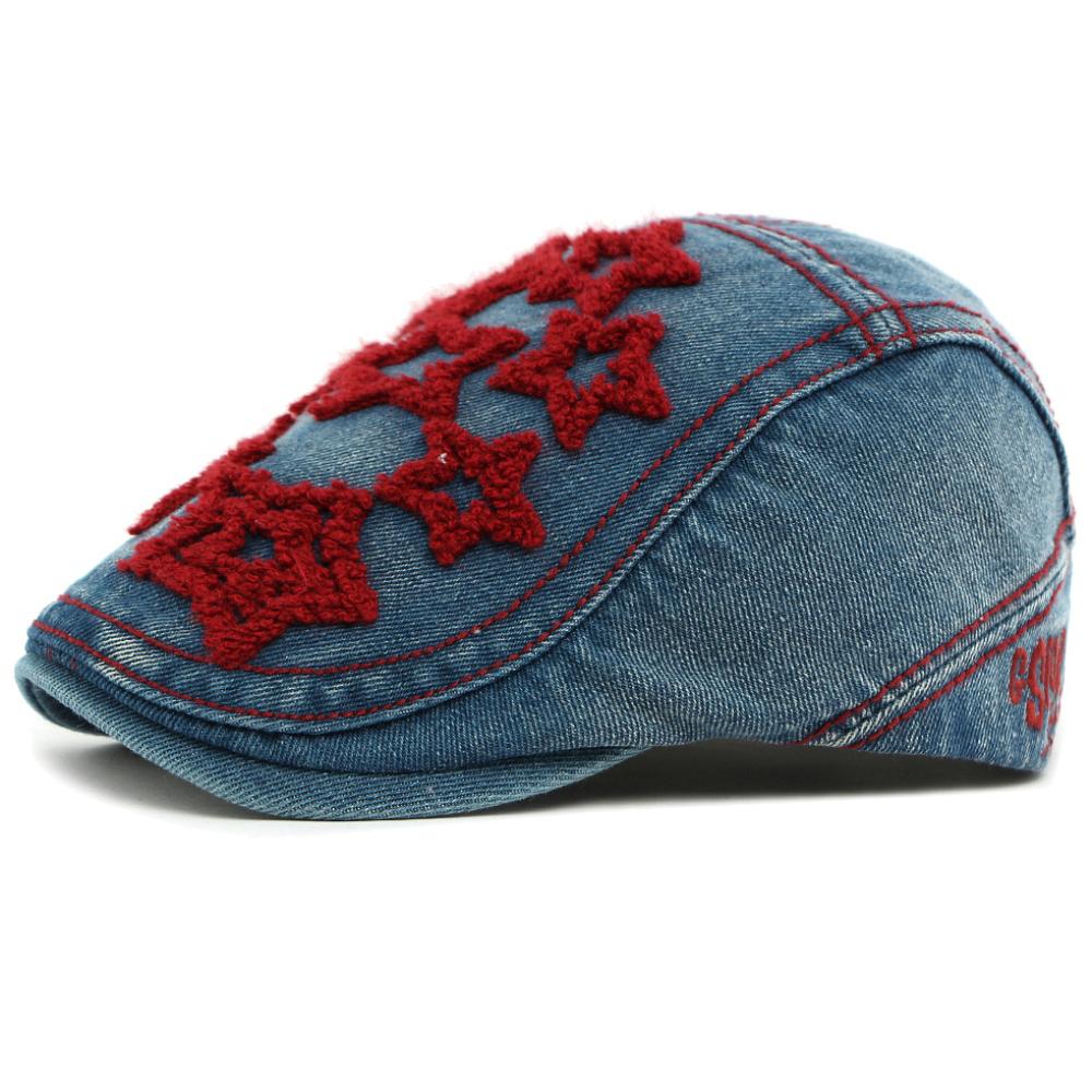 

HT4932 Beret Cap Women Stars Embroidery Cotton Denim Hat Vintage Artist Painter Beret Hat Male Female Ivy Flat Cap Mens Berets 55-59cm Adjustable