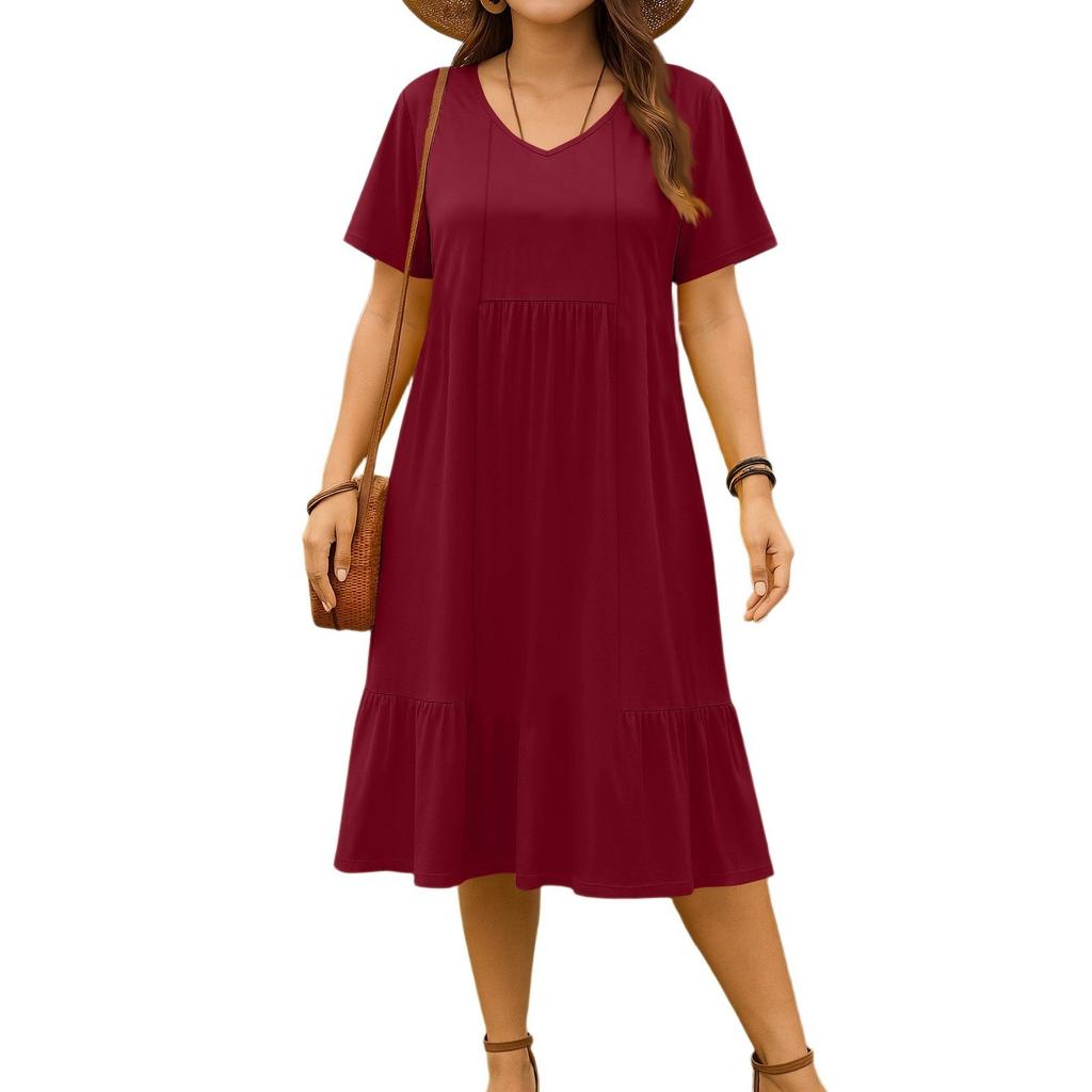 Women's vintage pleated V-neck dress in solid color