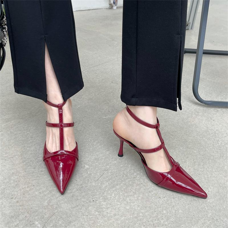 Mode SUOJIALUN 2025 Frühling Neue Spitzschuh Damen Sandale Mode Knöchelriemen Dünner Hoher Absatz Damen Elegante Pumps Kleid Slingback Schuhe
