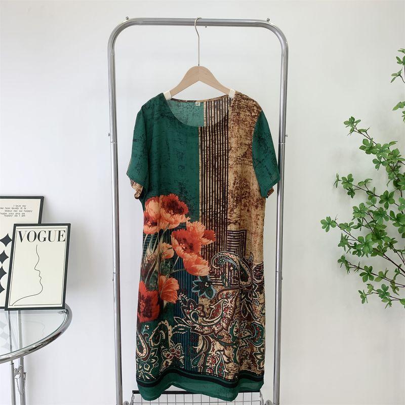 

Summer New Arrival Retro Classy Wide Lady Fashion Print Plus Size Loose Slim Looking Elegant Youthful-Looking Dress Green 5XL