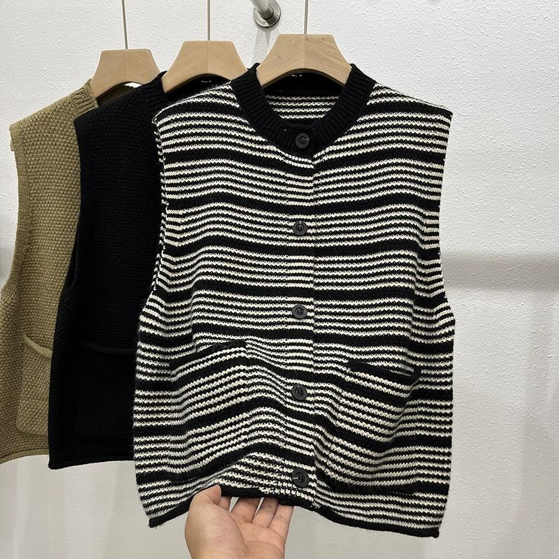 DIMANAF 2025 Autumn Striped Vest Women Sleeveless Sweaters Knitting Colorful Buttons Casual Style Loose Sweater