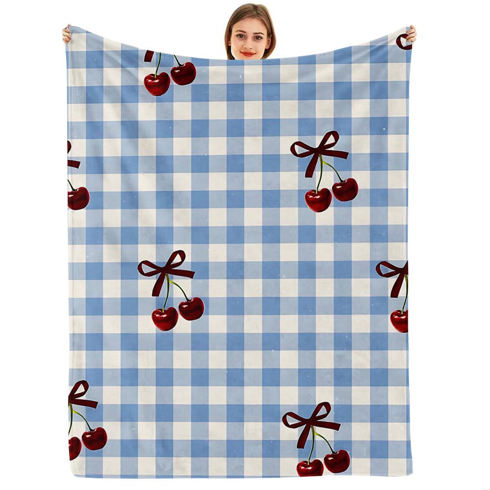 Gingham Cherry Bow Cartoon Anime Print Flannel Blanket Soft Warm Throw for Kids Bedroom Sofa Christmas Office Car