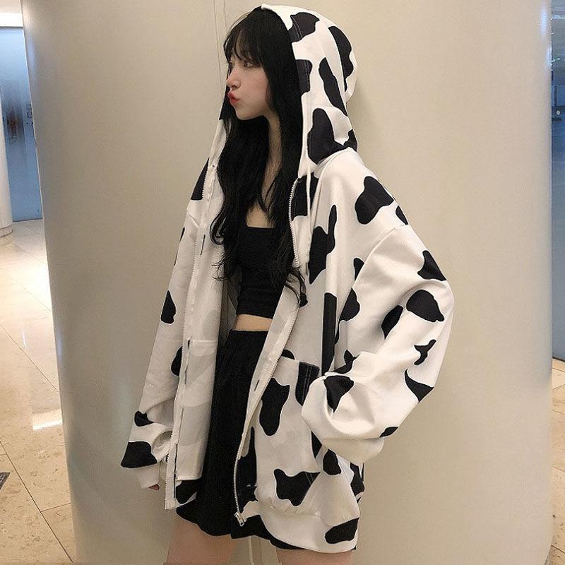 Women Autumn Korean Hooded Coat Cow Print Black White Hoodie Sweatshirt Long-sleeved Loose Harajuku Tops