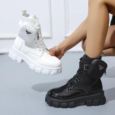 Moda Nowe Botas Damskie Motocyklowe Botki Koturny Damskie Sznurowane Platformy Botki Czarne Skórzane Buty Oxford Damskie Botas Mujer Torba