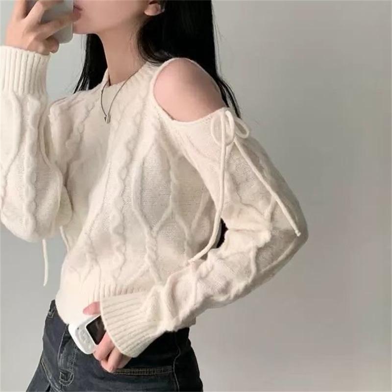 Off-the-shoulder Sweet Korean Fashion Pullover Women Sweater Autumn Winter Bow Tie Lace Up Casual Knitted Tops O Neck Loose Long Sleeve Clothing