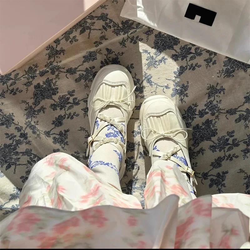 Lolita Thick Bottom Casual Sneakers Women's Fashion Beaded Shallow Ankle Strap Designer Shoes High Heeled Mary Jane Shoes