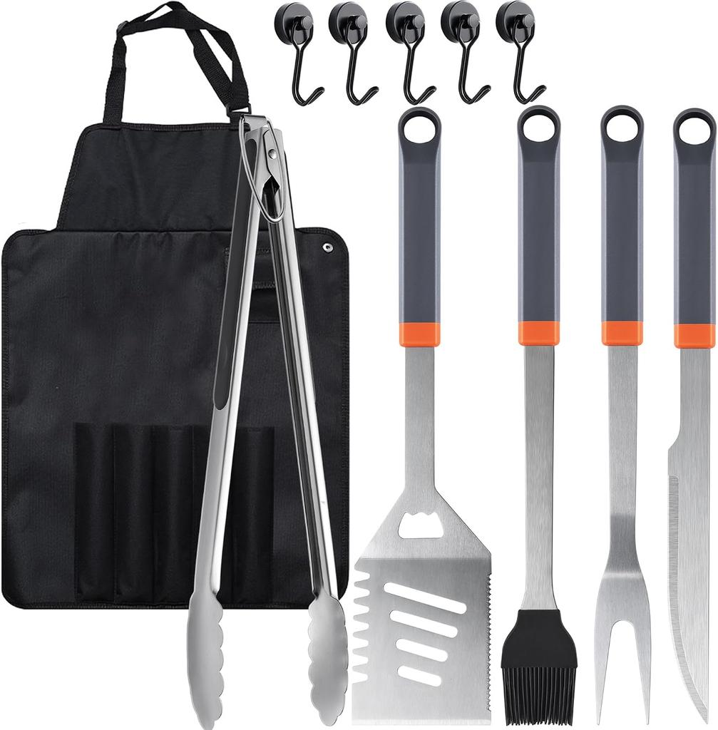 11-Piece BBQ Grill Tools Set with Tongs, Spatula, Apron & Bag, Stainless Steel Portable Kit for Camping, Gifts for Men Dad