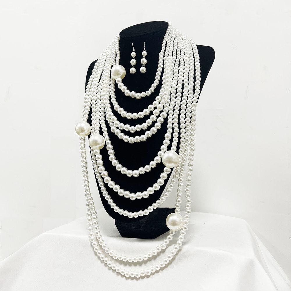 PFT Vintage Wedding High-End Imitation Pearl Necklace Set with Exaggerated Temperament Long Sweater Chain Earrings & Bracelet