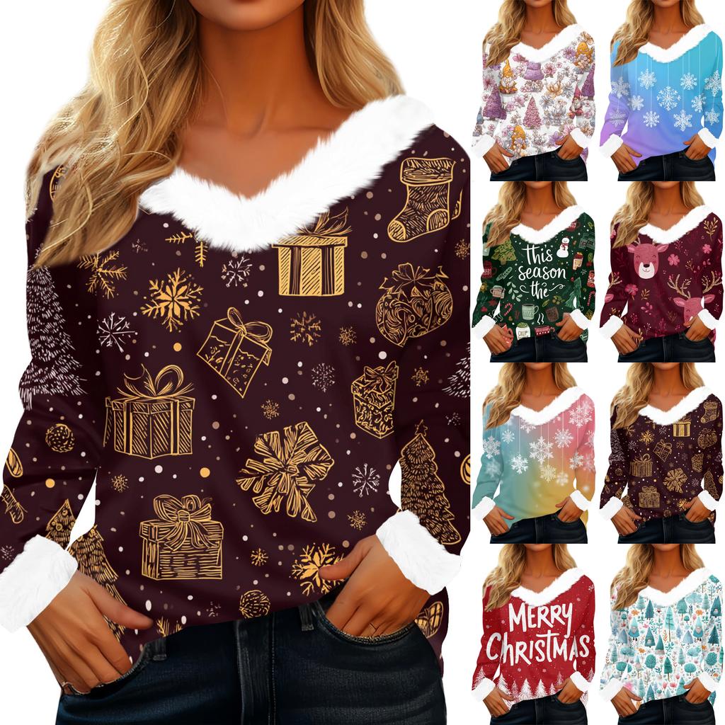 Women's Casual Fashion Long Sleeve Christmas Printed Flannel Collar Top