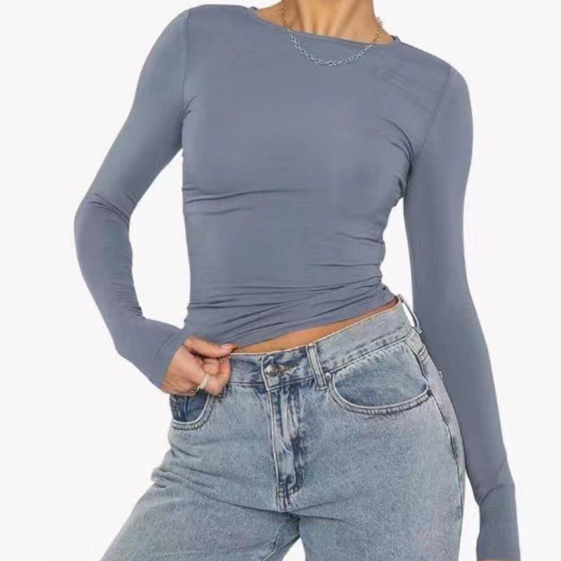 Women's Casual Long Sleeve T-Shirt Solid Color Slim-fit Pullover T-Shirt Women's Bottom Shirt Top