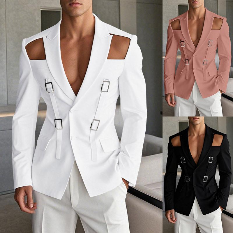 Europese En Amerikaanse Herenmode Holle Metalen Gesp Performance Kleding Effen Kleur Slim Fit Kostuumjasje Voor Mannen