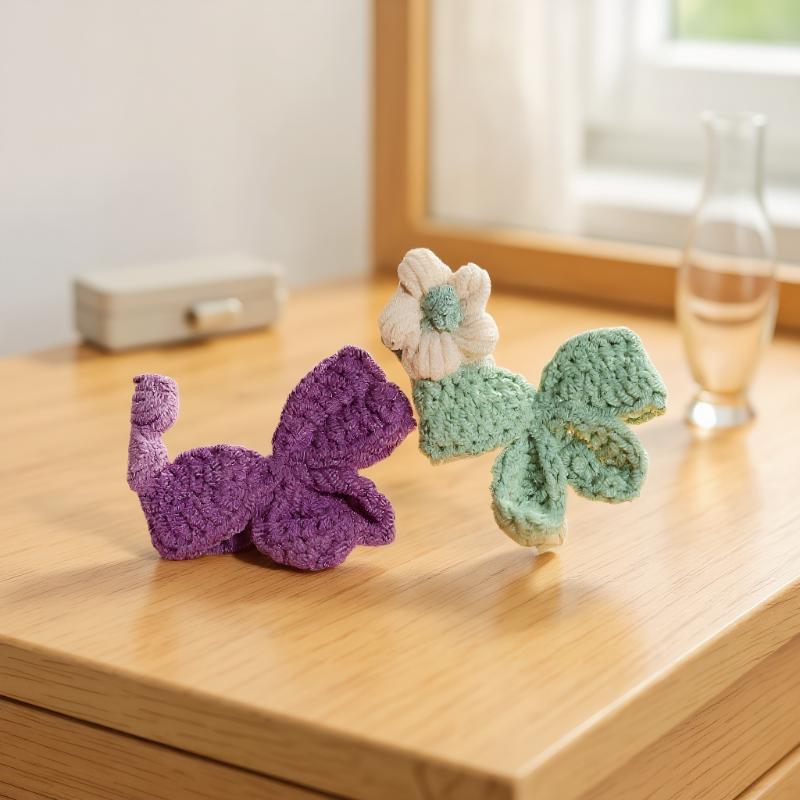 4Pcs Cute Knit BB Hair Clips, Handmade Flower Border Clips,Bow Bang Clips For Kids,Suitable For Chrismas Festival Celebration