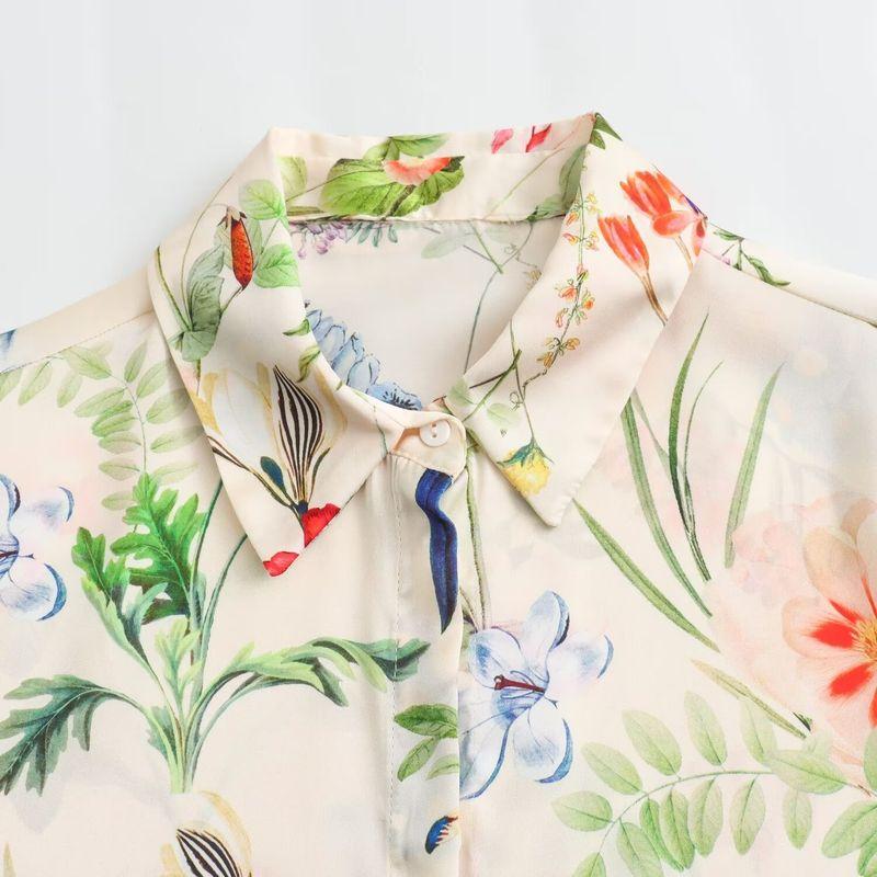 Jnleaog New Arrival Women's Clothing Fashion Style French Style Casual Fashion Personalized Minority Florals Print Satin Shirt