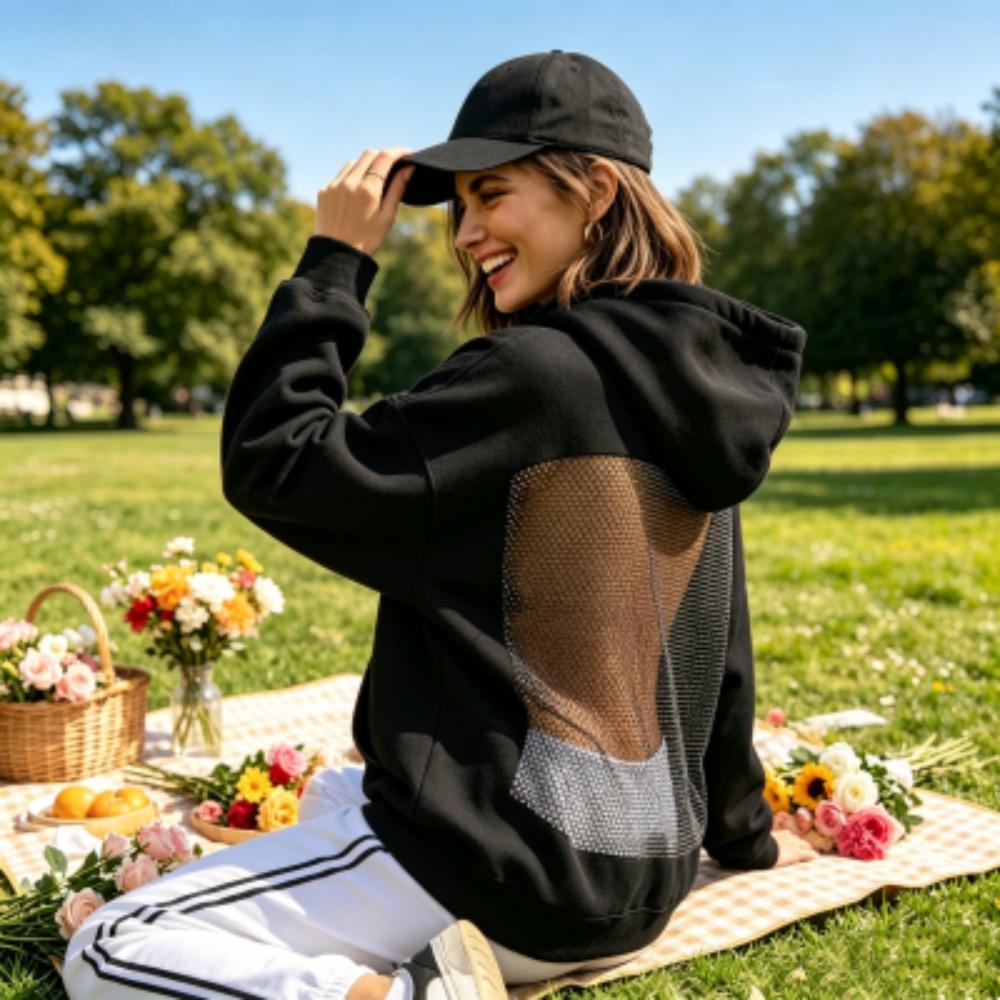 European and American Street Fashion Women s Transparent Mesh Hoodies Women Outdoor Casual Streetwear Sweatshirt Women Clothing Top XS