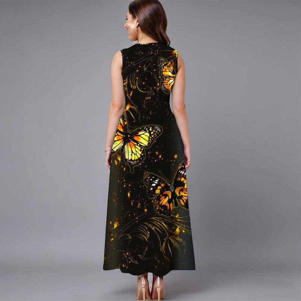 Plus Size Sleeveless Crew Neck Dress Fresh Wild Blossom Print Flowy Knee Length Outfit