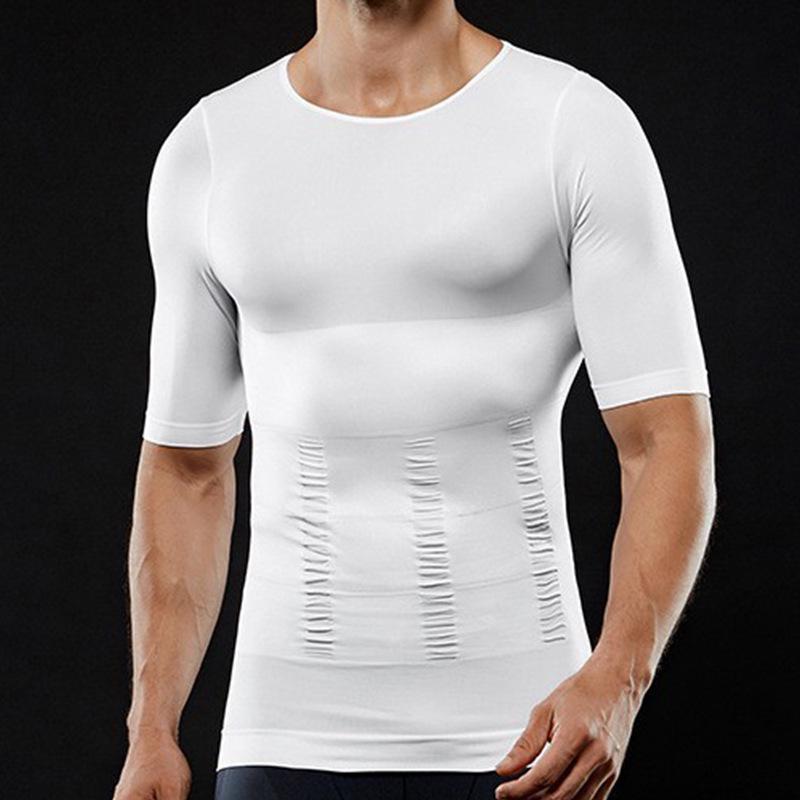 Men's Seamless Sculpting Chest Binder & Waist Trainer with Back Support, Short Sleeve, No-Trace Design in Black or White.