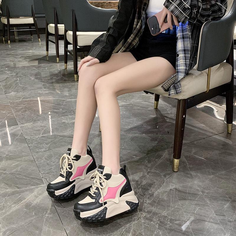 fashion Women Chunky Sneakers 9.5CM Heels Winter Thick Sole Casual Vulcanized Shoes High Platform Leather Sneakers Woman Free Ship