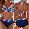 Dam Flagga Tryck Bikini Set Röd Blå Vit Stjärna Rand 2 Delar Badkläder