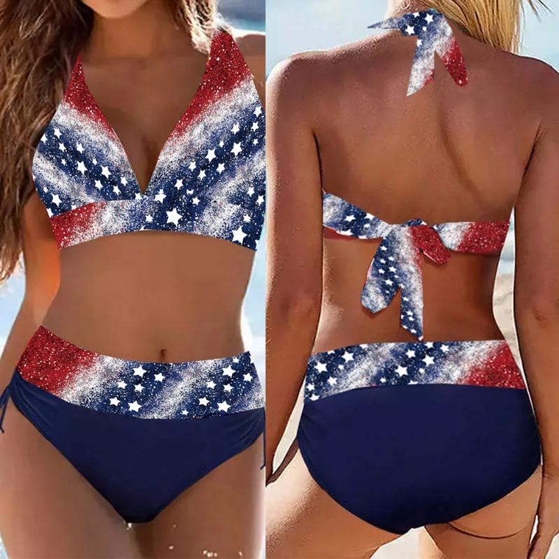 Women Flag Print Bikini Set Red Blue White Star Stripe 2 Piece Swimsuit