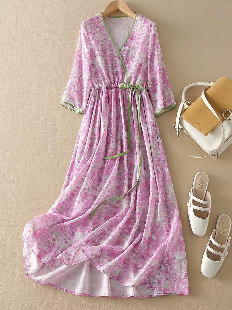 

Летнее новое платье из рами с ретро-принтом для женщин, кулиска на талии, рукав три четверти, V-образный вырез, длинная юбка M розовый