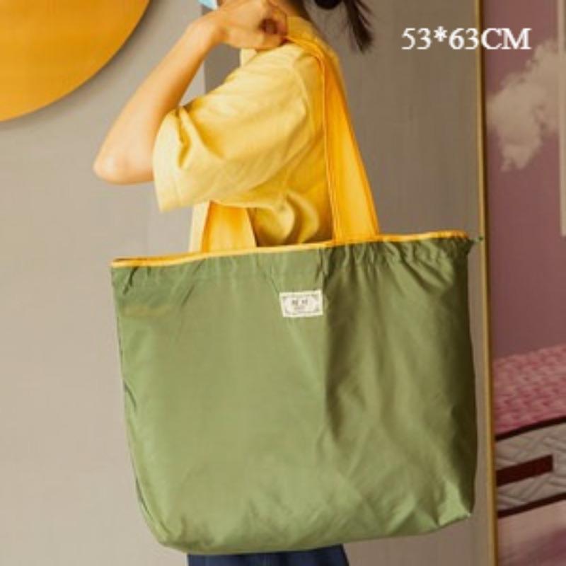 Solid Color Folding Shopping Bag Waterproof Portable Supermarket Grocery Bag Large Capacity Drawstring