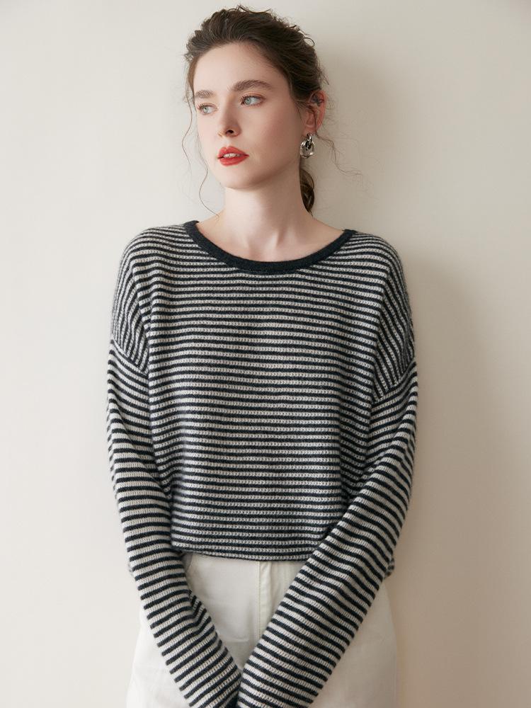 Women's Trendy Striped Cashmere Knit Pullover Sweater - Round Neck, Long Sleeve, Autumn/Winter Casual Wear